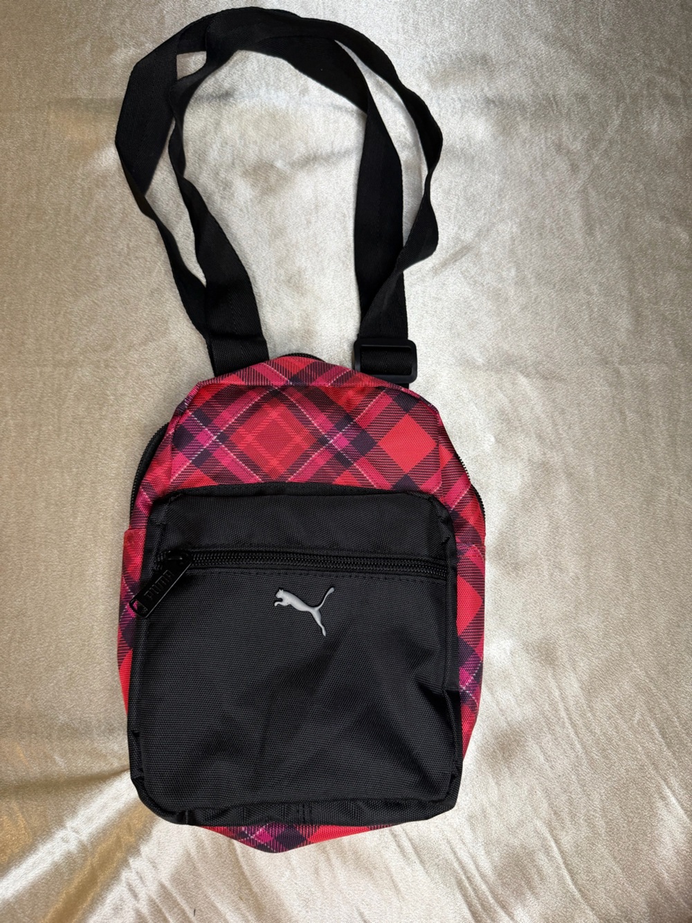 PUMA Unisex Crossbody Bag Red and Black tartan Plaid Puma Nylon Purse